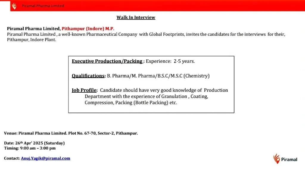 Piramal Pharma Hiring for Production / Packing Piramal Pharma Hiring for Production / Packing
