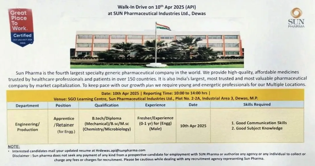 Sun Pharma Hiring FRESHERS for Engineering/ Production Sun Pharma Hiring FRESHERS for Engineering/ Production
