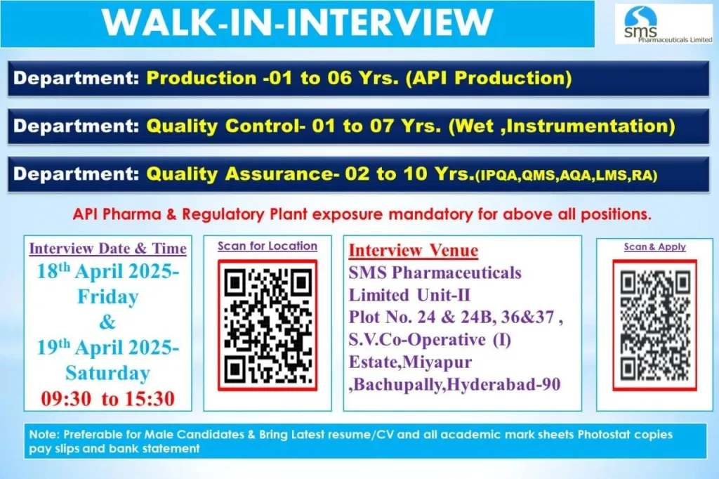 SMS Pharmaceuticals Hiring for Production / Quality Control / Quality Assurance SMS Pharmaceuticals Hiring for Production / Quality Control / Quality Assurance