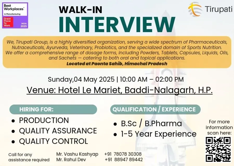Tirupati Medicare Hiring for Production / QA / QC Tirupati Medicare Hiring for Production / QA / QC