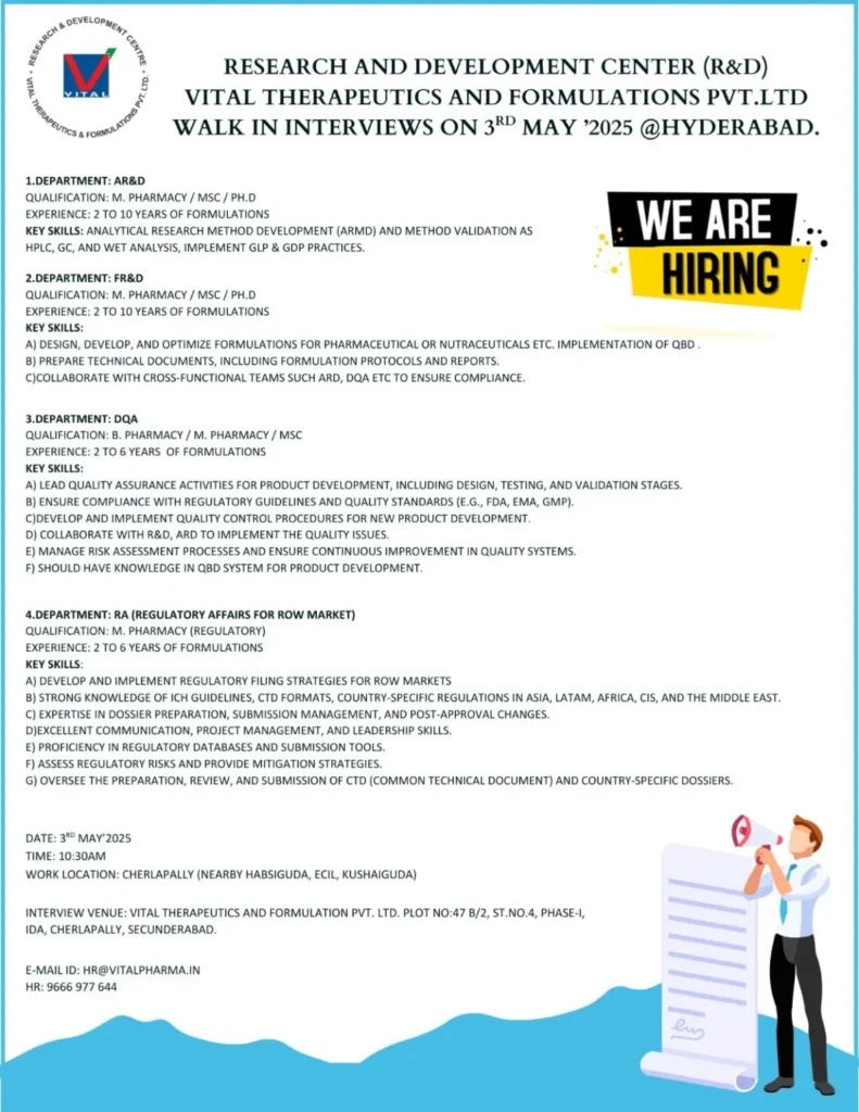Vital Therapeutics Hiring for AR&D / FR&D / DQA / Regulatory Affairs Vital Therapeutics Hiring for AR&D / FR&D / DQA / Regulatory Affairs