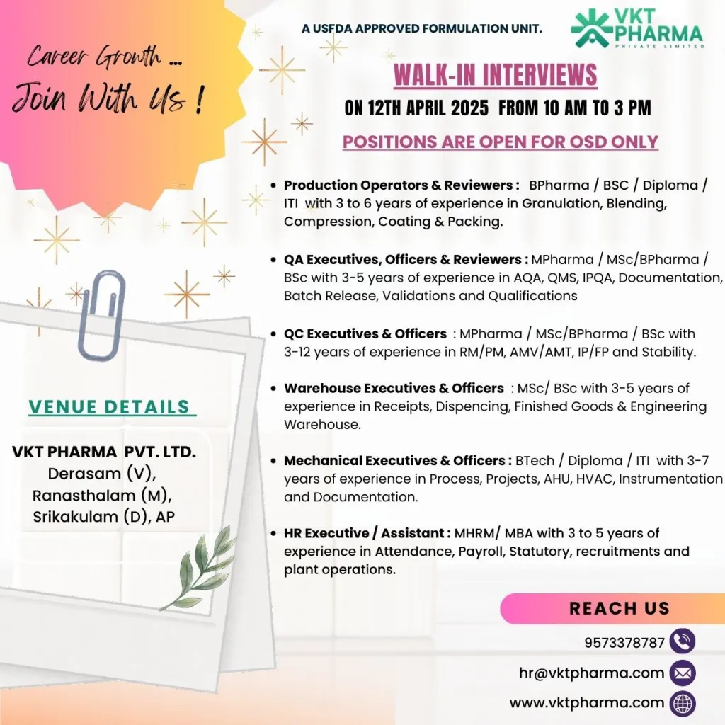 VKT Pharma Hiring for Production, QA, QC, Warehouse, HR, Mechanical VKT Pharma Hiring for Production, QA, QC, Warehouse, HR, Mechanical