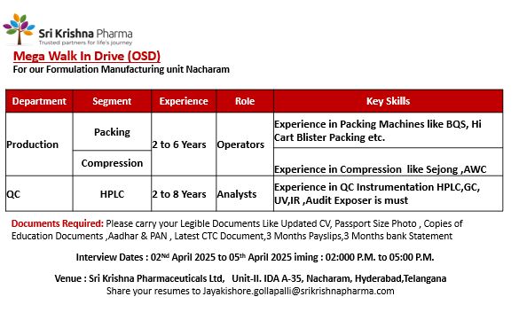 Sri Krishna Pharma Hiring for Quality Control/ Production Sri Krishna Pharma Hiring for Quality Control/ Production