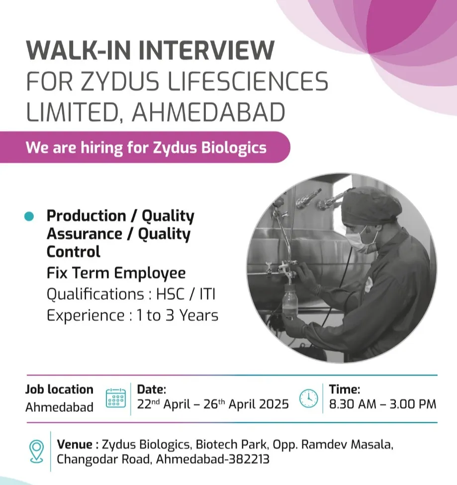 Zydus Lifesciences Hiring for Production / QC / QA Zydus Lifesciences Hiring for Production / QC / QA