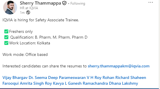 IQVIA Hiring Freshers As Safety Associate trainee in Pharmacovigilance IQVIA Hiring Freshers As Safety Associate trainee in Pharmacovigilance