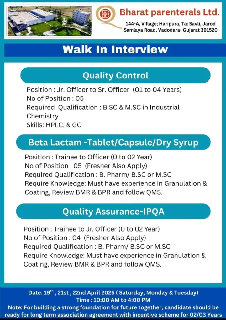 Bharat Parenterals Ltd Hiring Freshers & Experienced for QC, Beta Lactam, & IPQA Bharat Parenterals Ltd Hiring Freshers & Experienced for QC, Beta Lactam, & IPQA