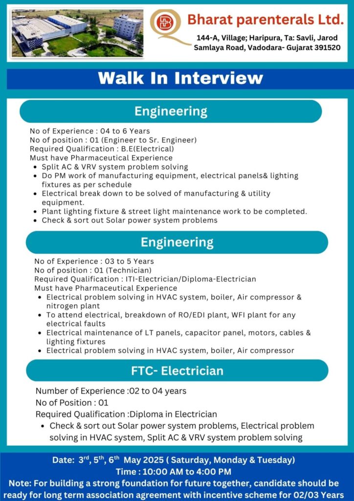 Bharat Parenterals Hiring for QA/ QC/ QC Microbiology/ F&D/ Production/ Packing/ Engineering Bharat Parenterals Hiring for QA/ QC/ QC Microbiology/ F&D/ Production/ Packing/ Engineering