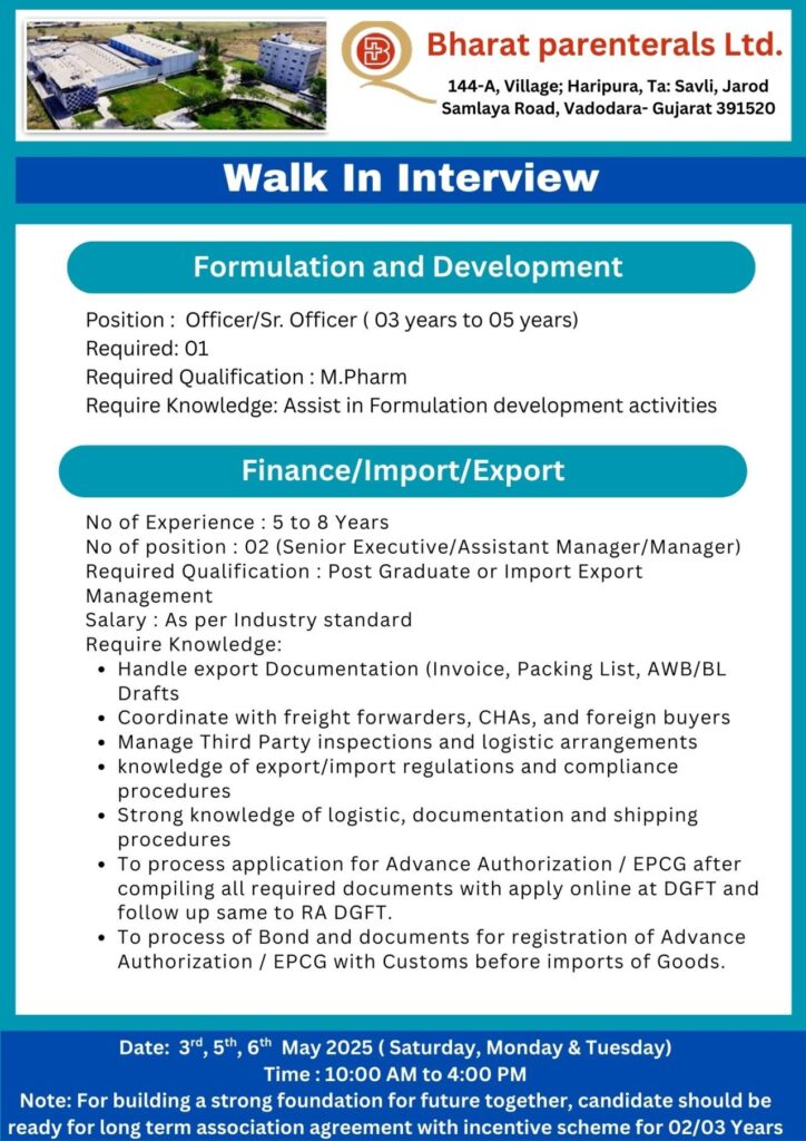 Bharat Parenterals Hiring for QA/ QC/ QC Microbiology/ F&D/ Production/ Packing/ Engineering Bharat Parenterals Hiring for QA/ QC/ QC Microbiology/ F&D/ Production/ Packing/ Engineering