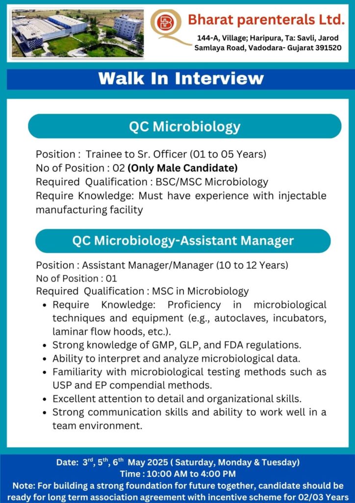 Bharat Parenterals Hiring for QA/ QC/ QC Microbiology/ F&D/ Production/ Packing/ Engineering Bharat Parenterals Hiring for QA/ QC/ QC Microbiology/ F&D/ Production/ Packing/ Engineering