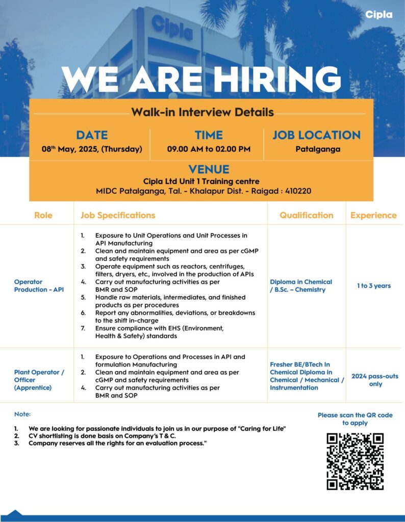 Cipla Hiring Freshers & Experienced for Production Operator & Plant Operator Roles Cipla Hiring Freshers & Experienced for Production Operator & Plant Operator Roles