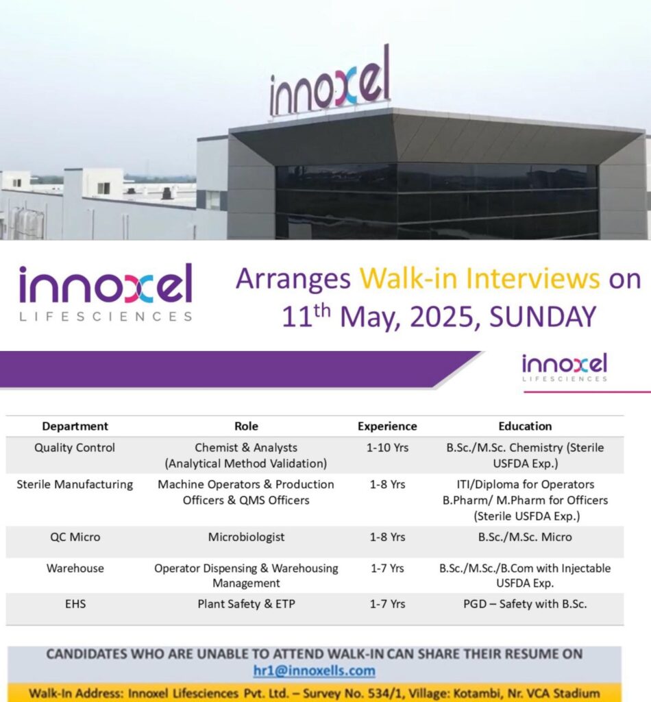 Innoxel Lifesciences Hiring for QC/ Sterile Manufacturing/ Warehouse & Logistics/ EHS on Sunday, May 11th, 2025 Innoxel Lifesciences Hiring for QC/ Sterile Manufacturing/ Warehouse & Logistics/ EHS on Sunday, May 11th, 2025