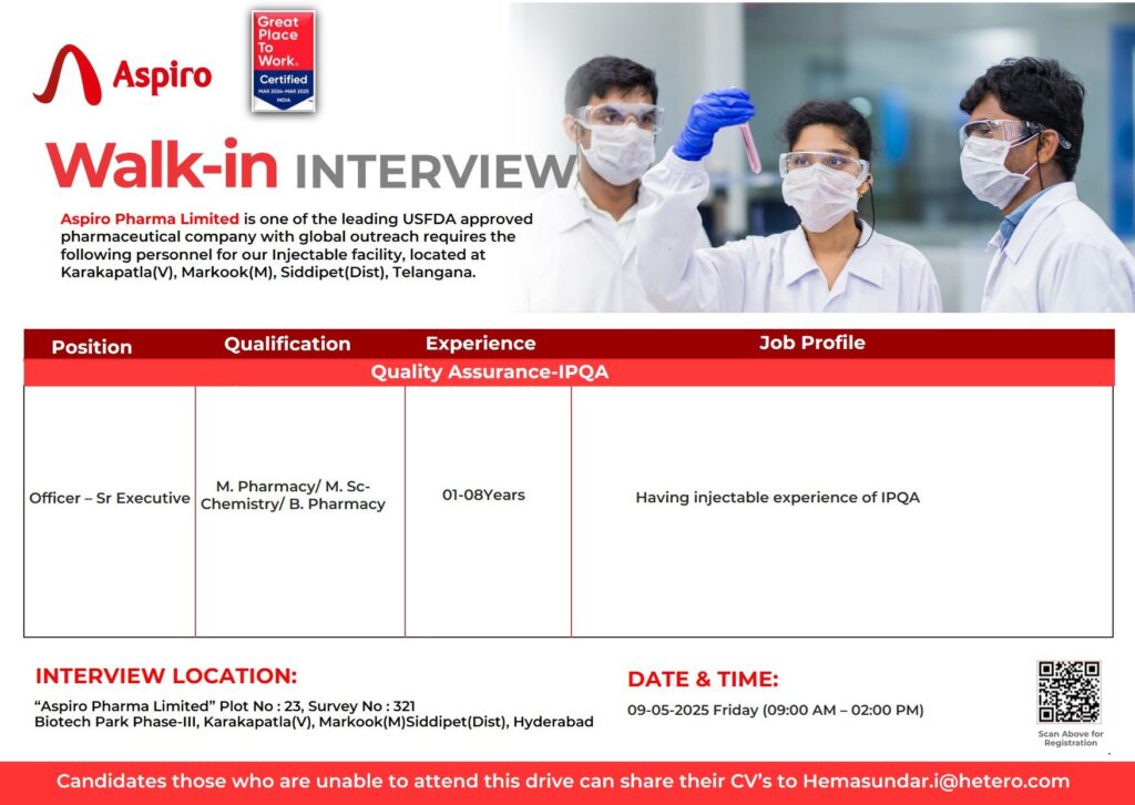 Aspiro Pharma Hiring for Quality Assurance - IPQA Department Aspiro Pharma Hiring for Quality Assurance - IPQA Department