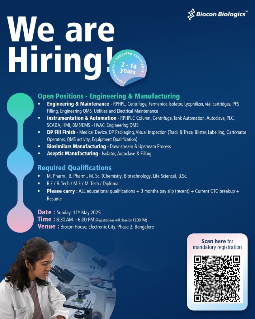 Biocon Biologics Hiring for Engineering & Manufacturing Biocon Biologics Hiring for Engineering & Manufacturing