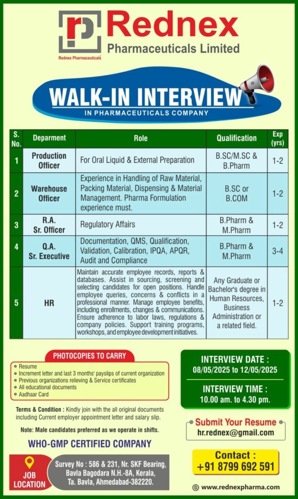 Rednex Pharmaceuticals Hiring for Production/ Warehouse/ R&D/ QA/ Regulatory Affairs/ HR Rednex Pharmaceuticals Hiring for Production/ Warehouse/ R&D/ QA/ Regulatory Affairs/ HR