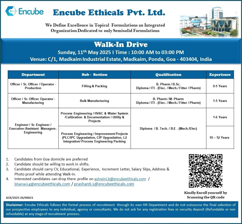 Encube Ethicals Hiring Freshers & Experienced for Production / Manufacturing/ Engineering Encube Ethicals Hiring Freshers & Experienced for Production / Manufacturing/ Engineering