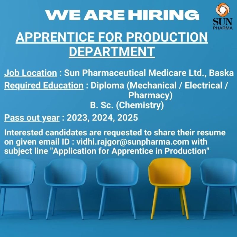Sun Pharmaceutical Hiring FRESHERS for Production Department Sun Pharmaceutical Hiring FRESHERS for Production Department