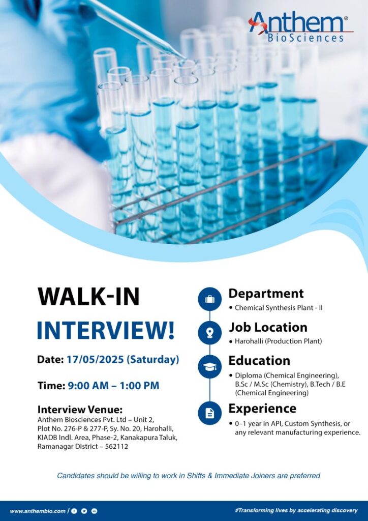 Anthem Biosciences Hiring FRESHERS for Chemical Synthesis Team Anthem Biosciences Hiring FRESHERS for Chemical Synthesis Team