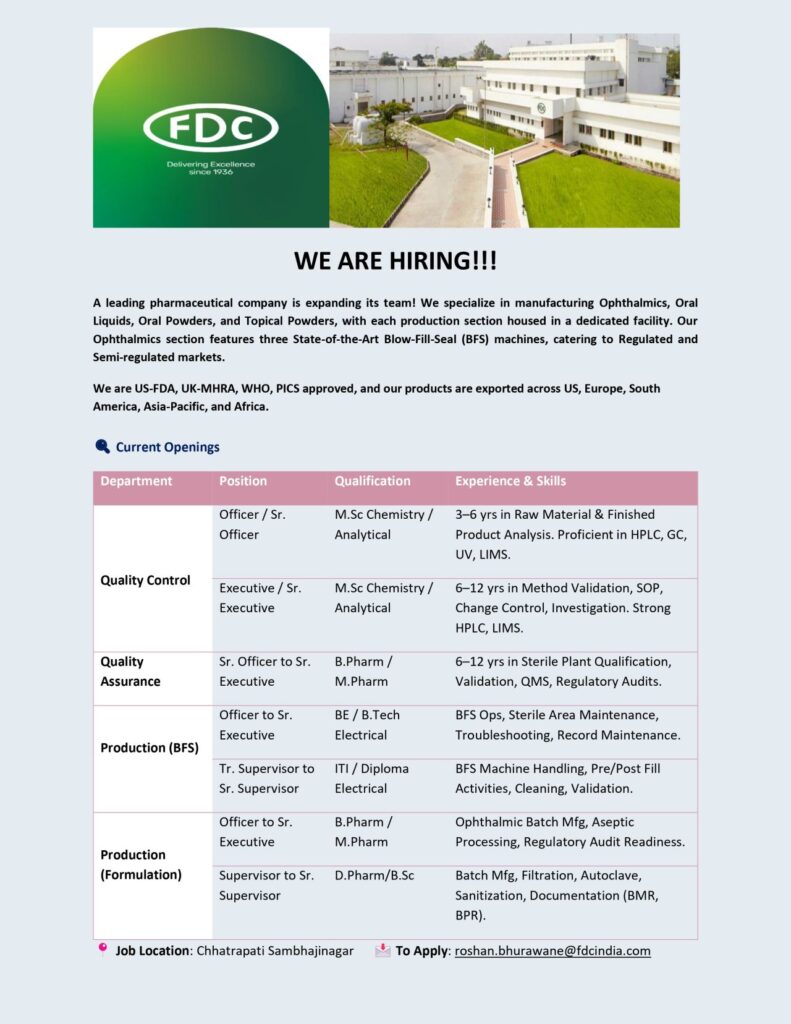 FDC Hiring for Quality Control/ Quality Assurance/ Production FDC Hiring for Quality Control/ Quality Assurance/ Production