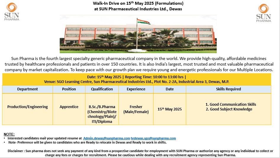 Sun Pharma Hiring FRESHERS for Production & Engineering Sun Pharma Hiring FRESHERS for Production & Engineering