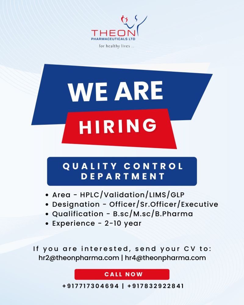Theon Pharma is Hiring for Quality Control - B.Sc / M.Sc / B.Pharma Theon Pharma is Hiring for Quality Control - B.Sc / M.Sc / B.Pharma