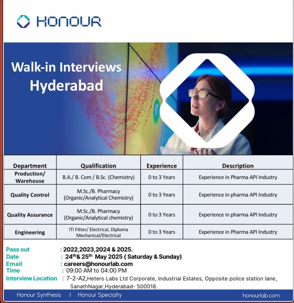 Urgent Hiring! QC, QA, Warehouse, Production & Engineering Roles – Apply at Honour Lab Urgent Hiring! QC, QA, Warehouse, Production & Engineering Roles – Apply at Honour Lab