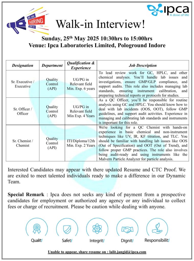 IPCA Laboratories Walk-In Drive for Quality Control Roles | 25th May 2025 IPCA Laboratories Walk-In Drive for Quality Control Roles | 25th May 2025