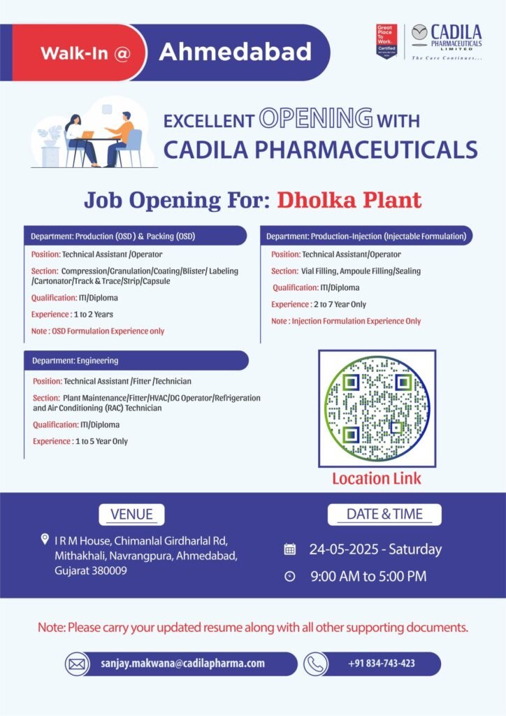 Cadila Pharmaceuticals Hiring for Production, Injection, Packing & Engineering Cadila Pharmaceuticals Hiring for Production, Injection, Packing & Engineering