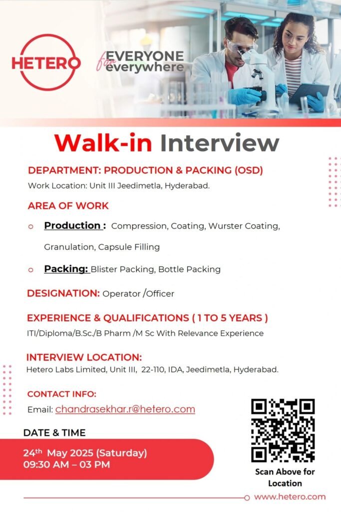 Hetero Labs Limited Hiring for Production & Packing (OSD) on 24th May 2025 Hetero Labs Limited Hiring for Production & Packing (OSD) on 24th May 2025