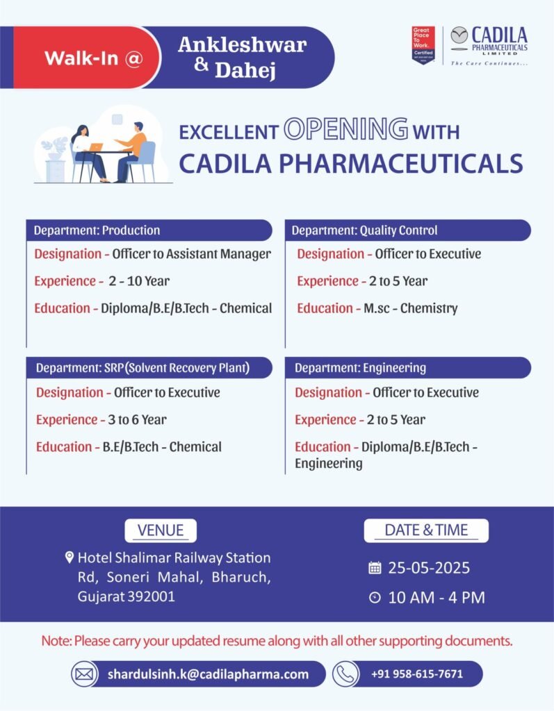 Cadila Pharmaceuticals Walk-In Drive for Production, QC, SRP & Engineering Jobs Cadila Pharmaceuticals Walk-In Drive for Production, QC, SRP & Engineering Jobs