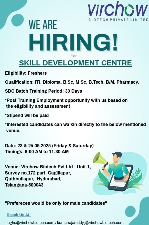 Virchow Biotech Hiring Freshers for Skill Development Centre – ITI, Diploma, B.Sc, M.Sc, B.Tech, Pharmacy Virchow Biotech Hiring Freshers for Skill Development Centre – ITI, Diploma, B.Sc, M.Sc, B.Tech, Pharmacy