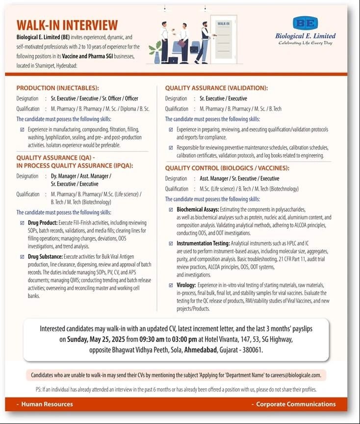 Biological E. Limited (BE) – Multiple Vacancies in Production, QA, and QC! Biological E. Limited (BE) – Multiple Vacancies in Production, QA, and QC!