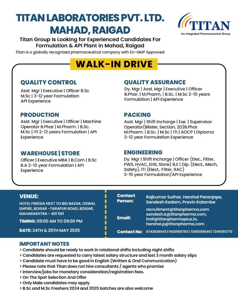 Titan Pharma Walk-In Drive 2024: Immediate Hiring in QC, QA, Production – Apply Now Titan Pharma Walk-In Drive 2024: Immediate Hiring in QC, QA, Production – Apply Now
