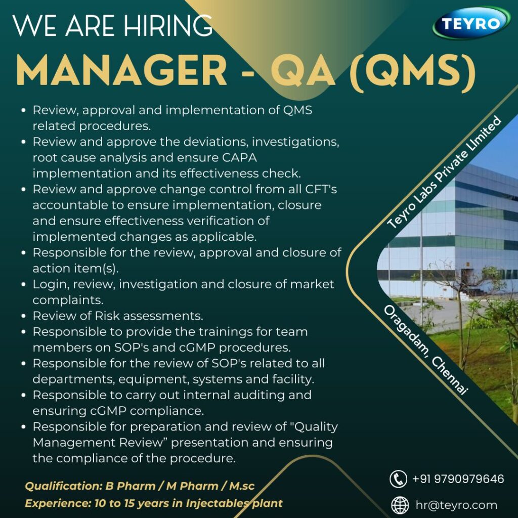 Teyro Labs Hiring for Manager - Quality Assurance (QMS) Teyro Labs Hiring for Manager - Quality Assurance (QMS)