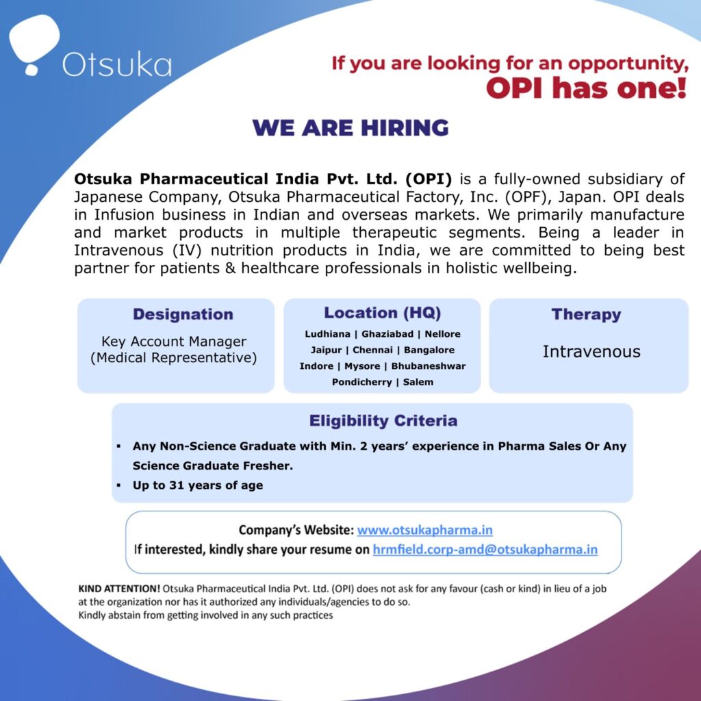 Otsuka Pharma Hiring Medical Reps – Freshers & Experienced Can Apply Otsuka Pharma Hiring Medical Reps – Freshers & Experienced Can Apply