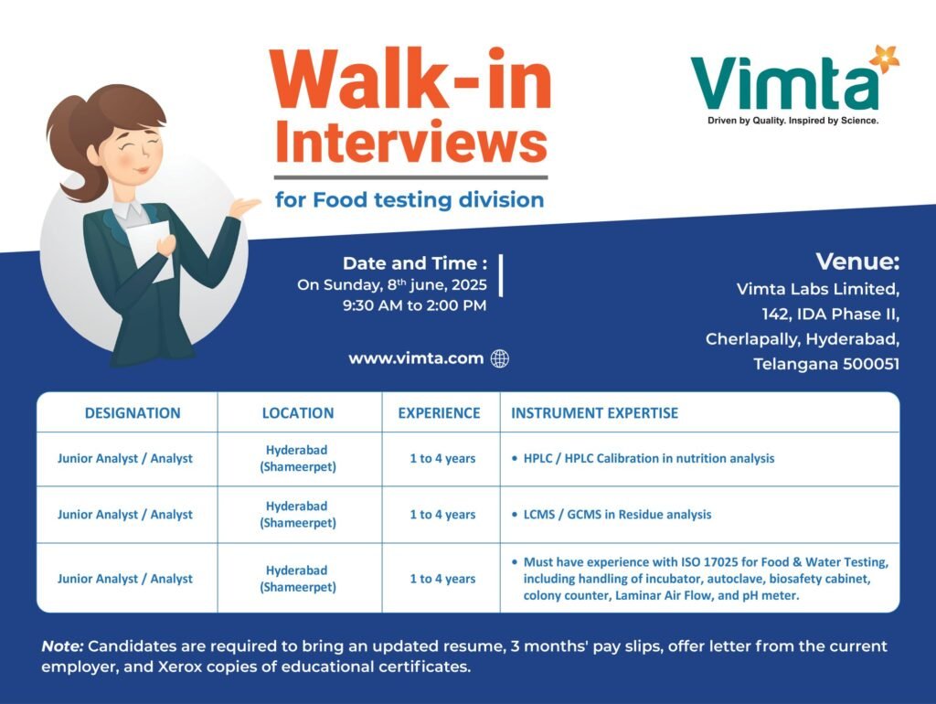 VIMTA Labs Recruitment 2025: HPLC, GCMS, LCMS Analyst Jobs – Apply Now! VIMTA Labs Recruitment 2025: HPLC, GCMS, LCMS Analyst Jobs – Apply Now!
