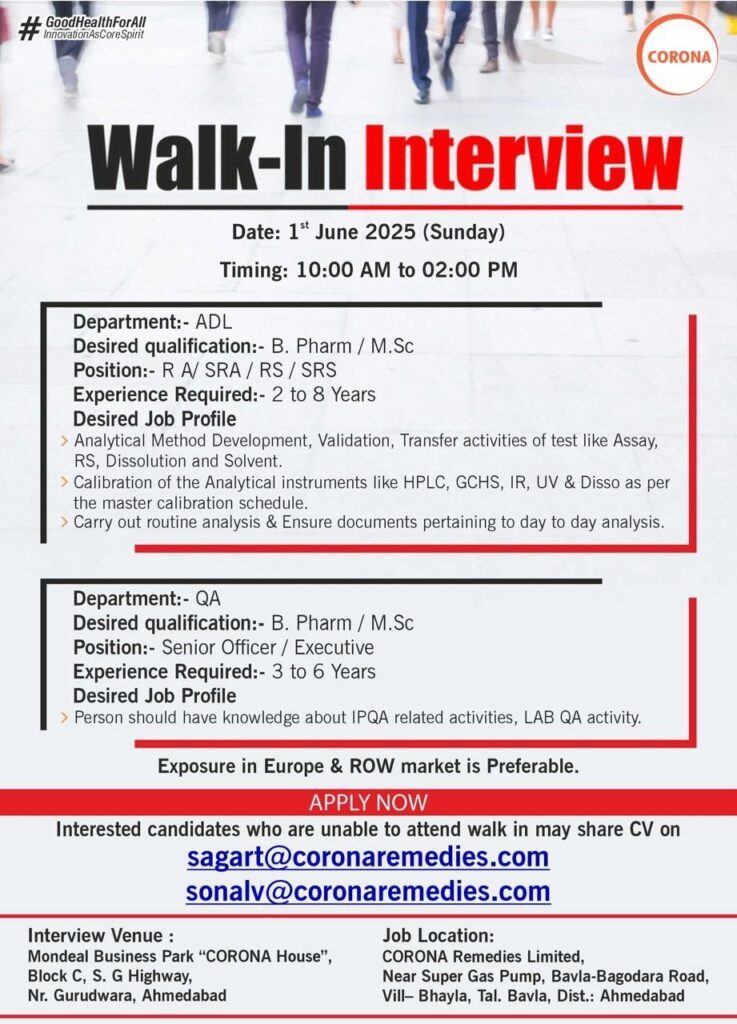 CORONA Remedies Hiring for QA & Analytical Development CORONA Remedies Hiring for QA & Analytical Development