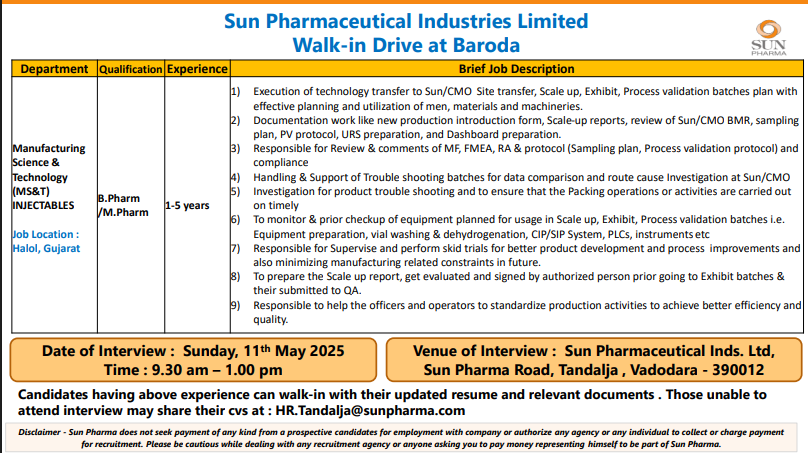 Sun Pharmaceutical Hiring for Manufacturing Science & Technology Sun Pharmaceutical Hiring for Manufacturing Science & Technology