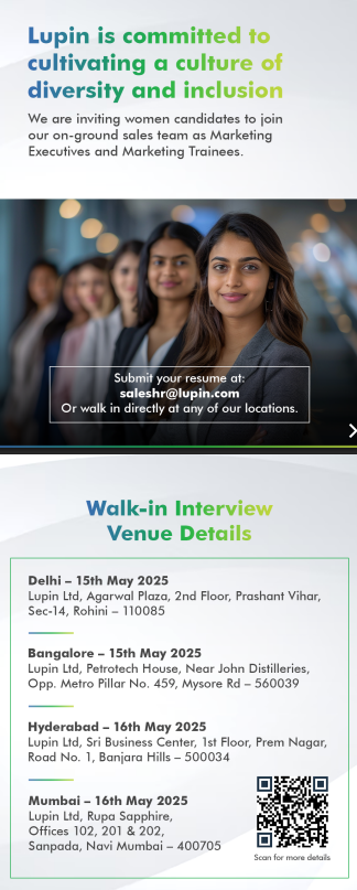 Lupin: Empowering Women in Sales – Hiring FRESHERS in Major Indian Cities Lupin: Empowering Women in Sales – Hiring FRESHERS in Major Indian Cities