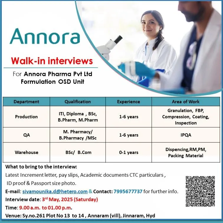 Annora Pharma Hiring FRESHERS for Production / QA / Warehouse Annora Pharma Hiring FRESHERS for Production / QA / Warehouse