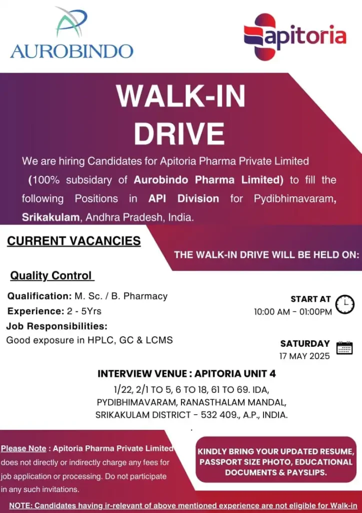 Apitoria Pharma (Aurobindo) Hiring for Quality Control Analyst Apitoria Pharma (Aurobindo) Hiring for Quality Control Analyst