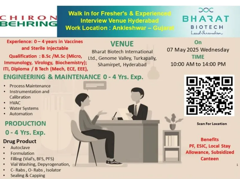 Bharat Biotech Hiring Freshers & Experienced for Production / Engineering & Maintenance Bharat Biotech Hiring Freshers & Experienced for Production / Engineering & Maintenance