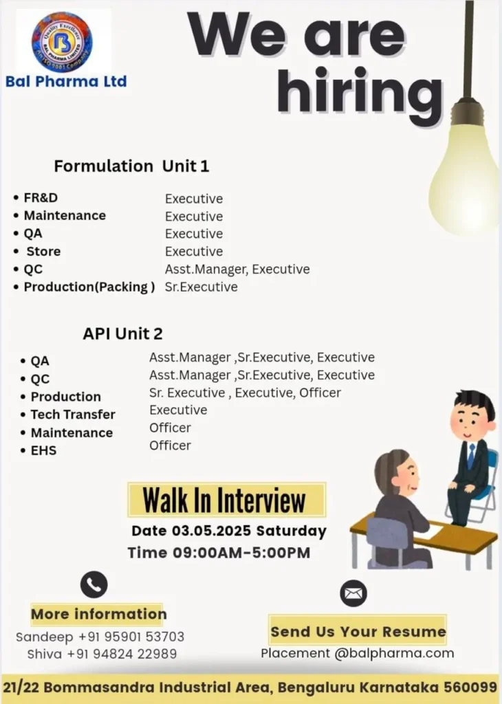 Bal Pharma Hiring for QA / QC / Production / Packing / FR&D / EHS / Store / Technology Transfer / Maintenance Bal Pharma Hiring for QA / QC / Production / Packing / FR&D / EHS / Store / Technology Transfer / Maintenance