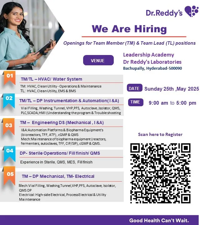 Urgent Pharma Jobs at Dr. Reddy’s – HVAC, Automation, Sterile Operations Openings Urgent Pharma Jobs at Dr. Reddy’s – HVAC, Automation, Sterile Operations Openings