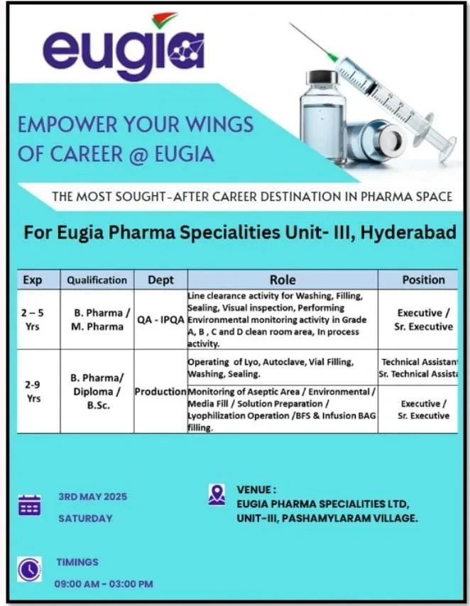 Eugia Pharma (Aurobindo) Hiring for Production / Quality Assurance Eugia Pharma (Aurobindo) Hiring for Production / Quality Assurance