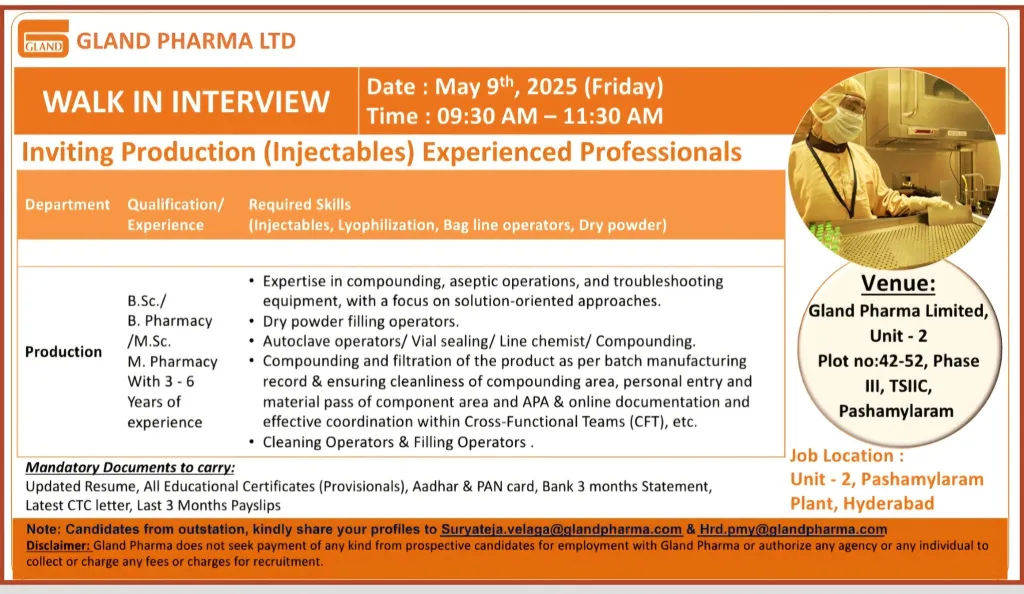 Gland Pharma Hiring for Production – Injectables Gland Pharma Hiring for Production – Injectables