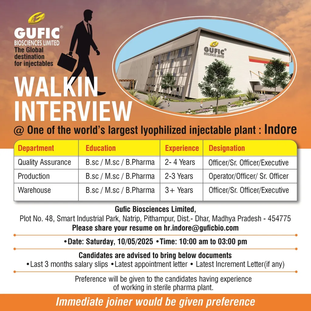 Gufic Biosciences Hiring for QA / Production / Warehouse – May 10th, 2025 Gufic Biosciences Hiring for QA / Production / Warehouse – May 10th, 2025
