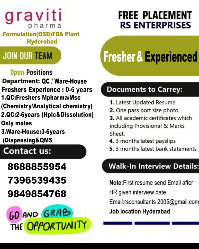 Graviti Pharma Hiring Freshers & Experienced for Quality Control / Warehouse Departments Graviti Pharma Hiring Freshers & Experienced for Quality Control / Warehouse Departments