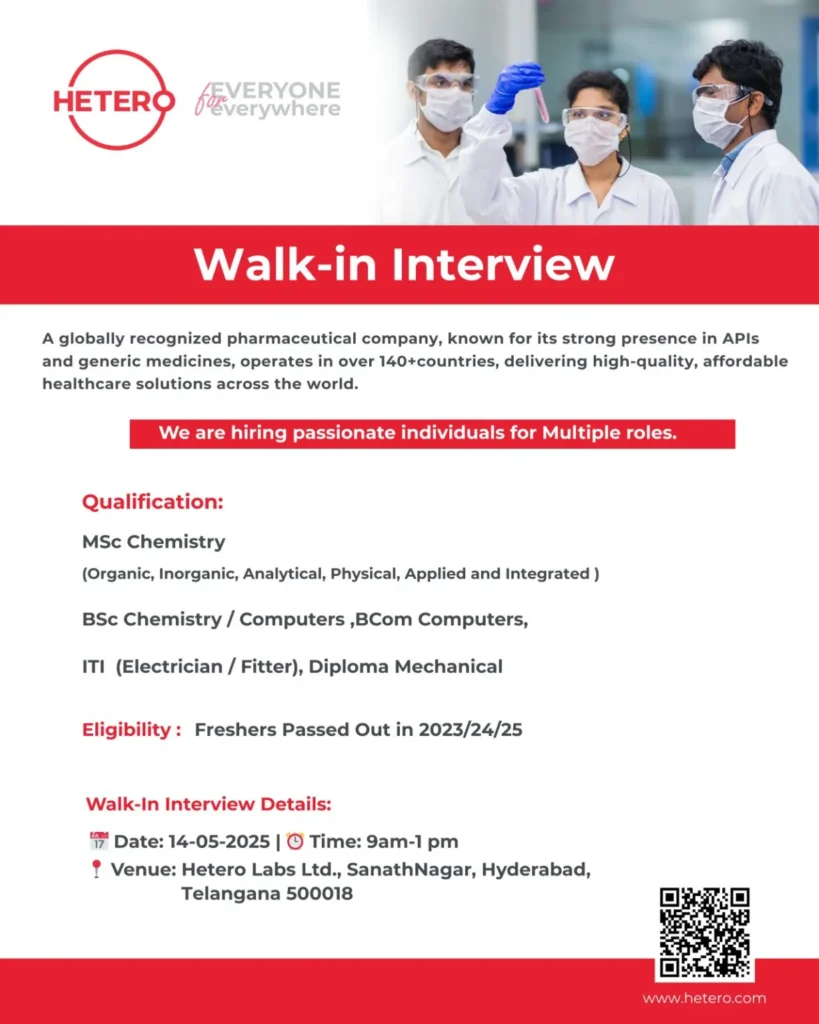 Hetero Labs Hiring FRESHERS for Multiple Positions - on 14th May 2025 Hetero Labs Hiring FRESHERS for Multiple Positions - on 14th May 2025