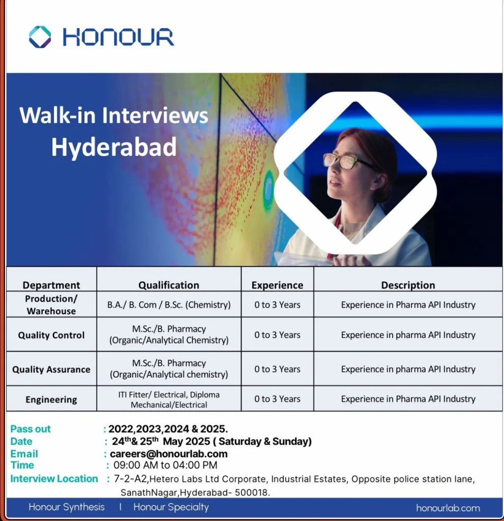 Honour Lab Hiring Freshers & Experienced for Production / QA / QC / Warehouse / Engineering Honour Lab Hiring Freshers & Experienced for Production / QA / QC / Warehouse / Engineering