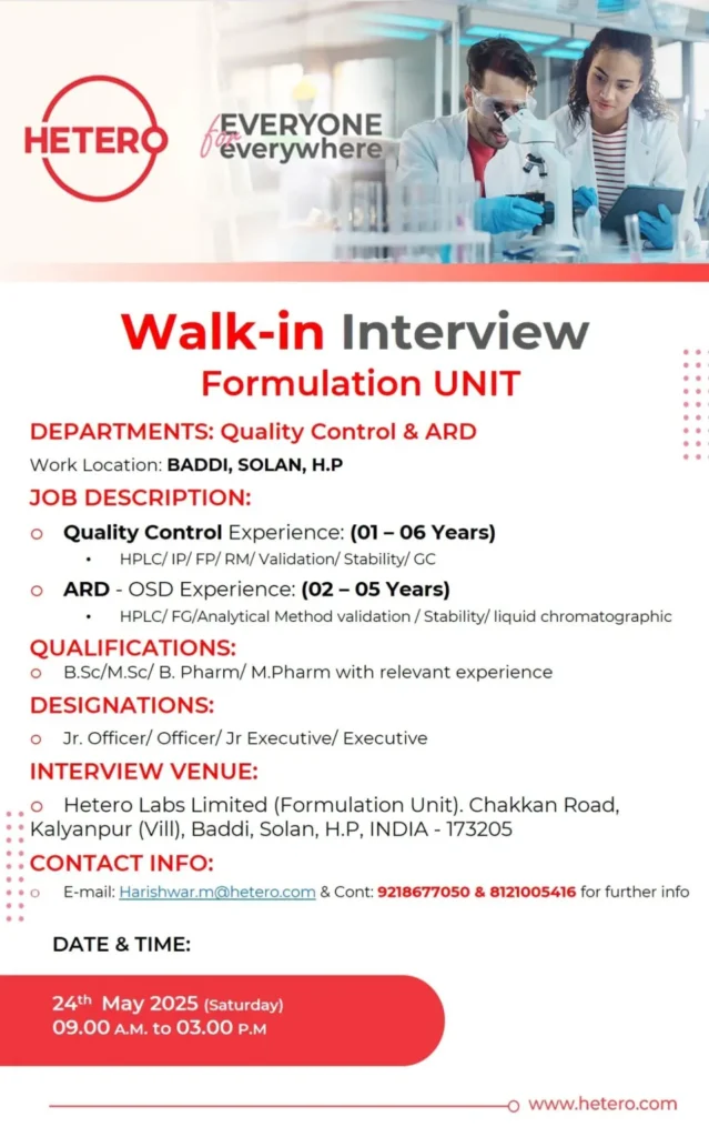 Urgent Hiring at Hetero Labs Ltd – QC & ARD Openings | Walk-In Interview Urgent Hiring at Hetero Labs Ltd – QC & ARD Openings | Walk-In Interview